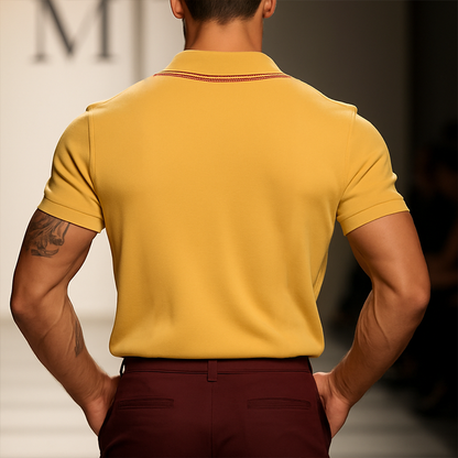 Męska, casualowa, vintage'owa, bawełniana koszulka polo z krótkim rękawem, haftowana, w paski