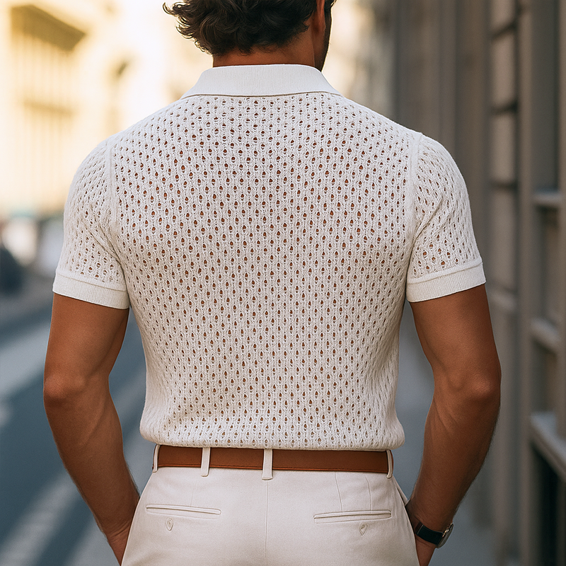 Męska, jednolita, dzianinowa koszulka polo z krótkim rękawem, z wycięciami i klapami, w kratę