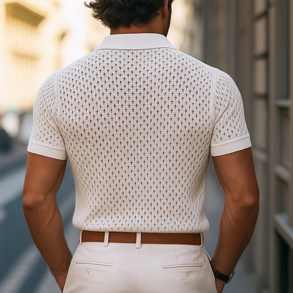 Męska, jednolita, dzianinowa koszulka polo z krótkim rękawem, z wycięciami i klapami, w kratę