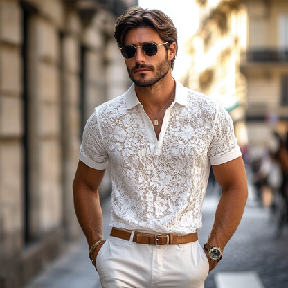 Męska koszula z jednolitym kolorem Koszulka polo z koronkowymi klapami i krótkim rękawem, casualowa