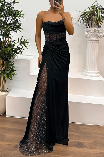 Audrey – Satynowa Maxi Sukienka Z Cekinami I Odkrytymi Ramionami