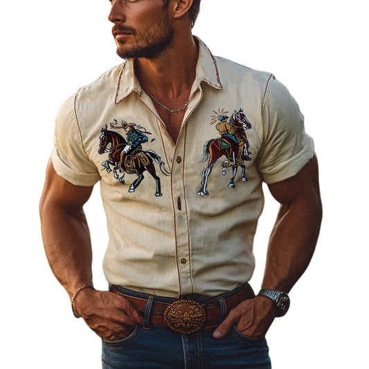 [Wysyłka w ciągu 24 godzin] Męska koszula jeansowa w stylu western, casual, vintage, z krótkim rękawem