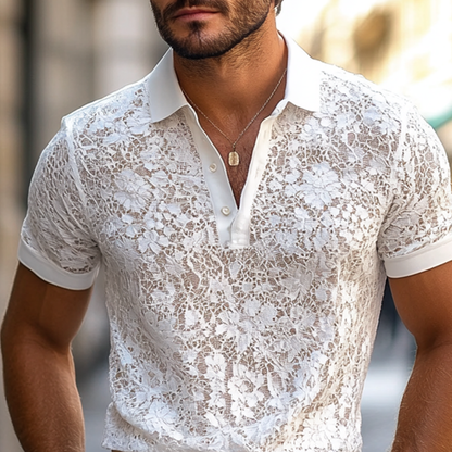 Męska koszula z jednolitym kolorem Koszulka polo z koronkowymi klapami i krótkim rękawem, casualowa