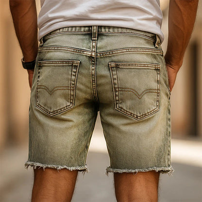 Męskie, vintage'owe, sprane, jeansowe szorty slim fit z wieloma kieszeniami