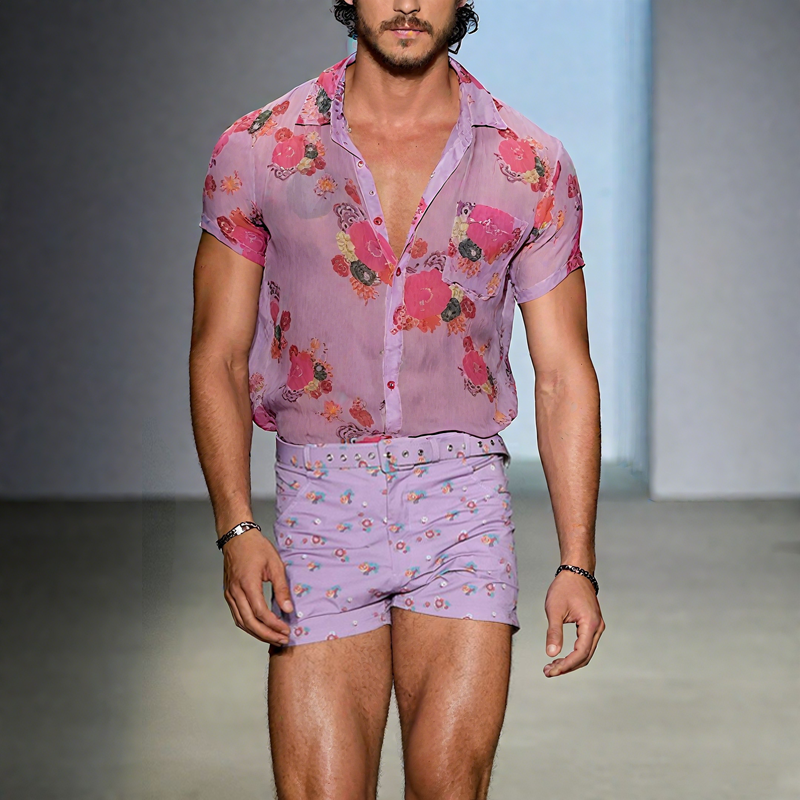 Męska koszula z krótkim rękawem i kwiatowym wzorem (bez Pasek)