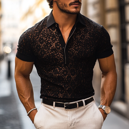 Męska, modna, casualowa koszulka polo z koronkowymi klapami i krótkim rękawem