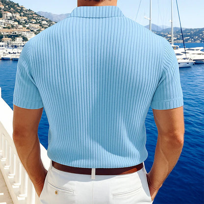 Męska casualowa koszulka polo z miękkiej dzianiny w jednolitym kolorze z klapami i krótkim rękawem