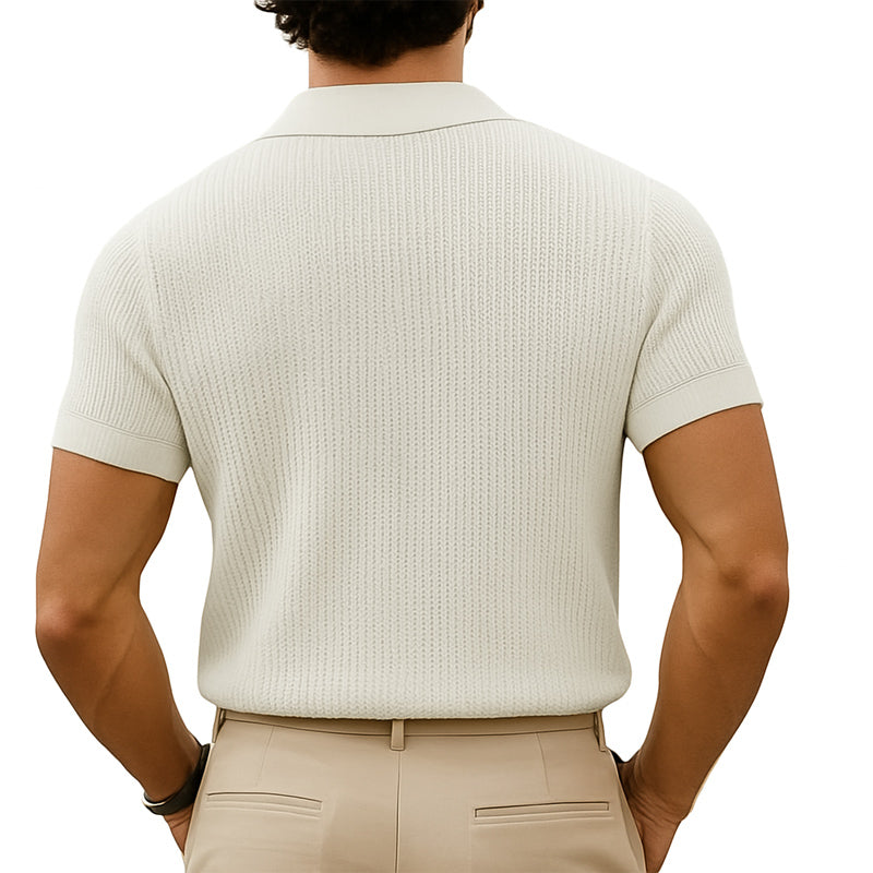 Męska, letnia, klasyczna, dzianinowa, oddychająca koszulka z dekoltem w serek