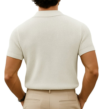 Męska, letnia, klasyczna, dzianinowa, oddychająca koszulka z dekoltem w serek