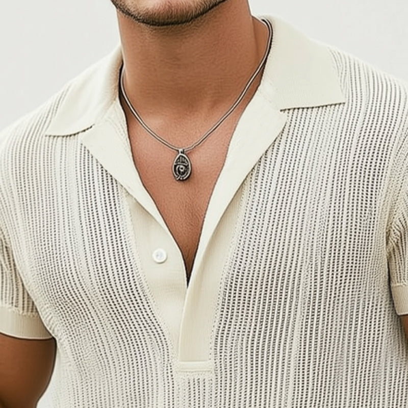 Męska, letnia, klasyczna, dzianinowa, oddychająca koszulka z dekoltem w serek