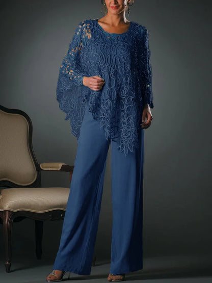 Koronkowy Zestaw: Bluzka z Okrągłym Dekoltem i Spodnie