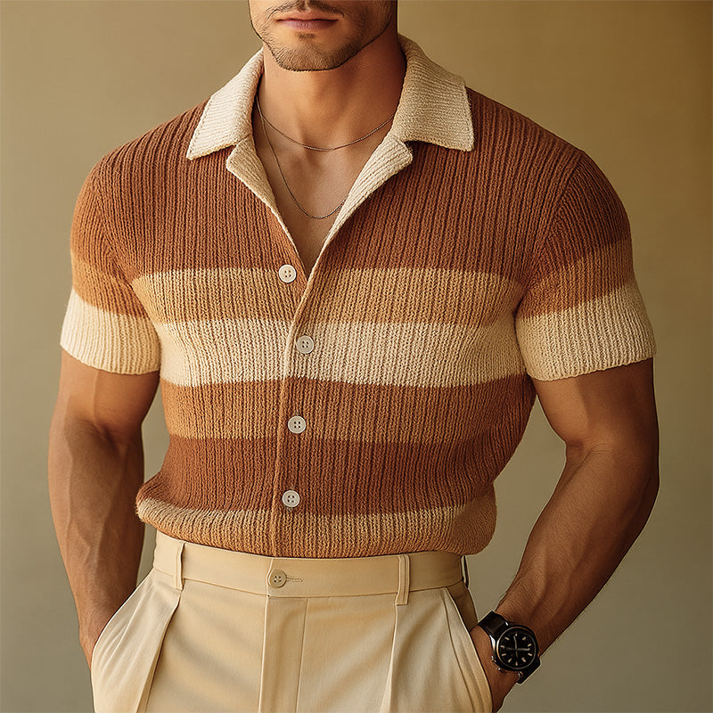 Męska wiosenna prosta, tkana koszula z krótkim rękawem