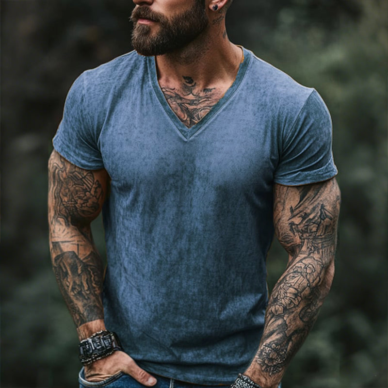 Męska koszulka retro casual z krótkim rękawem i nadrukiem w serek, w stylu shabby