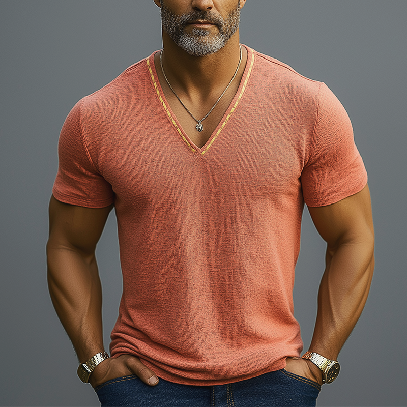 Męska, letnia, lekka, haftowana, lniana koszulka z krótkim rękawem i dekoltem w serek