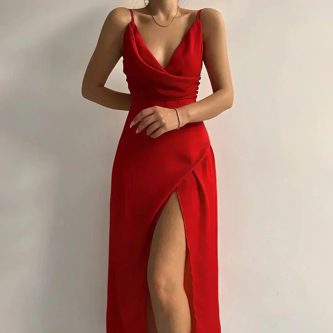 Ophelia™ - Elegancka sukienka z drapowanym dekoltem i rozcięciem
