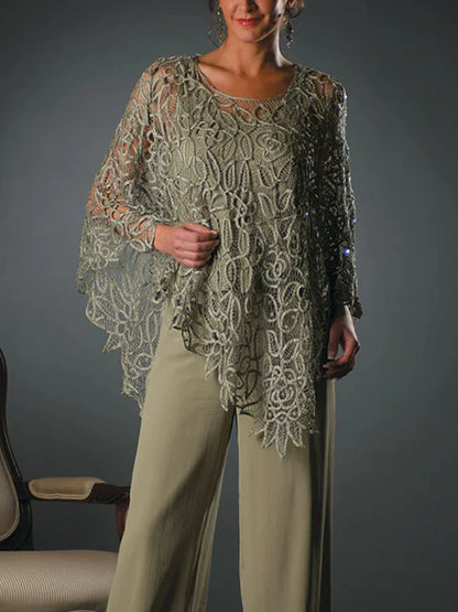 Koronkowy Zestaw: Bluzka z Okrągłym Dekoltem i Spodnie