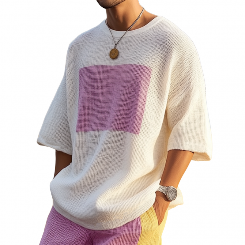 Męski sweter z dzianiny w bloki kolorów, okrągły dekolt, luźny, krótki rękaw