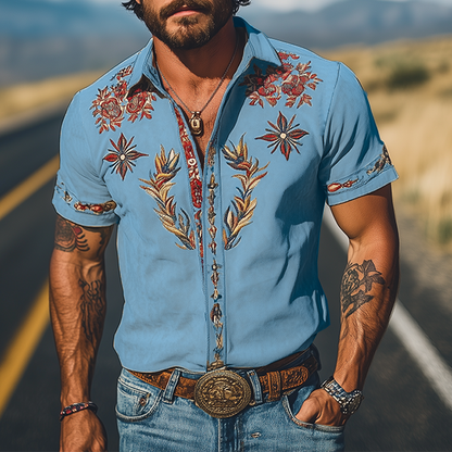 Męska wiosenno-letnia, modna, zamszowa koszula z krótkim rękawem w stylu retro western, haftowana