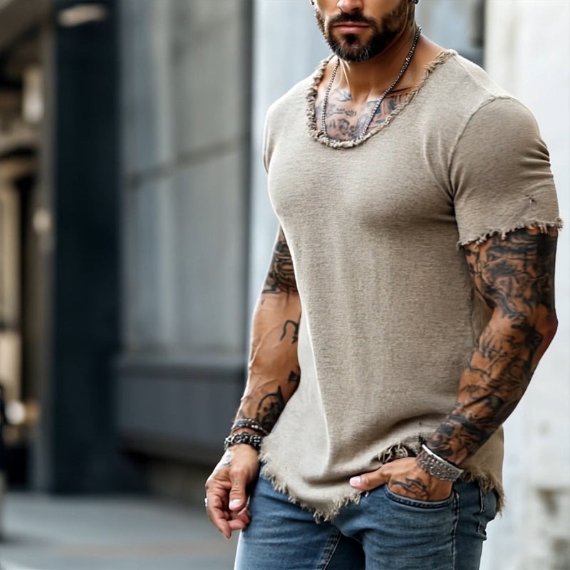 Męska koszulka polo w stylu retro, casualowa, z krótkim rękawem i surowym wykończeniem, z okrągłym dekoltem i rozdarciami