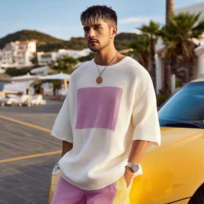 Męski sweter z dzianiny w bloki kolorów, okrągły dekolt, luźny, krótki rękaw