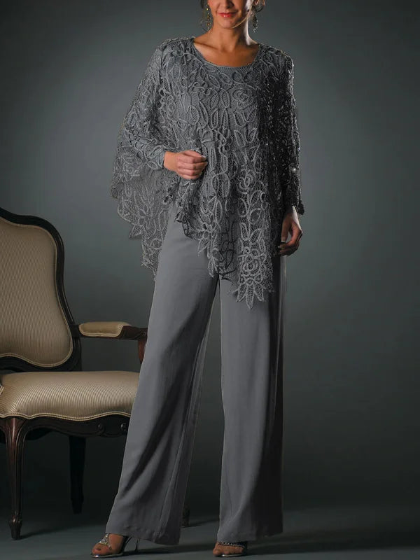 Koronkowy Zestaw: Bluzka z Okrągłym Dekoltem i Spodnie