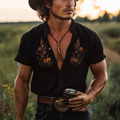 Męska koszula z krótkim rękawem i haftowanymi klapami w stylu vintage