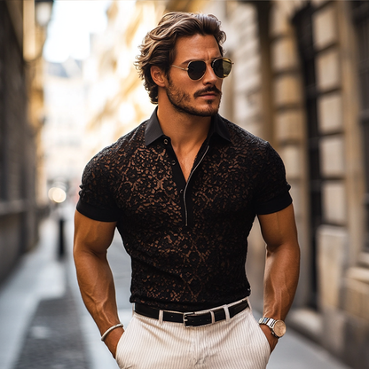 Męska, modna, casualowa koszulka polo z koronkowymi klapami i krótkim rękawem