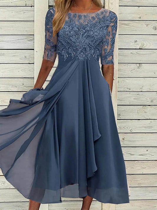 Elegancka i wygodna sukienka midi dla gości weselnych z krótkimi rękawami