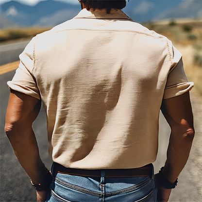 Męska letnia, modna, klasyczna, haftowana koszula z bawełny i lnu w stylu retro western, z krótkim rękawem