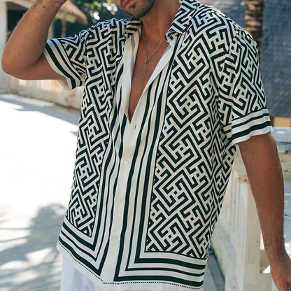 Męska letnia, swobodna koszula z krótkim rękawem z nadrukiem, bawełniana, Tencel
