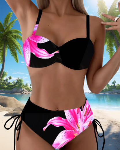 Bikini trójkątne sznurowane kwiatowy wzór