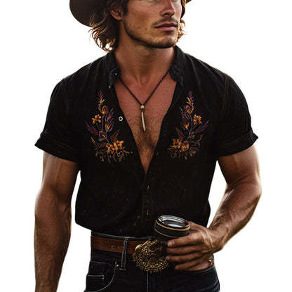 Męska koszula z krótkim rękawem i haftowanymi klapami w stylu vintage