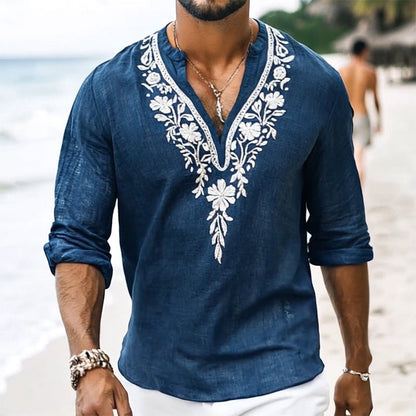 Męska koszula vintage casual z haftowanym kołnierzykiem henley z bawełny i lnu z długim rękawem