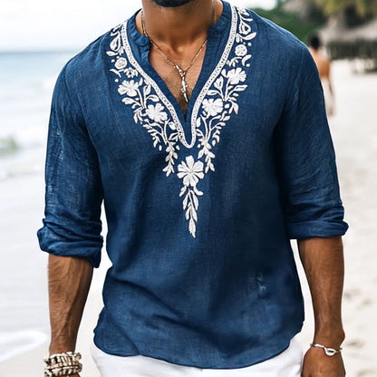 Męska koszula vintage casual z haftowanym kołnierzykiem henley z bawełny i lnu z długim rękawem