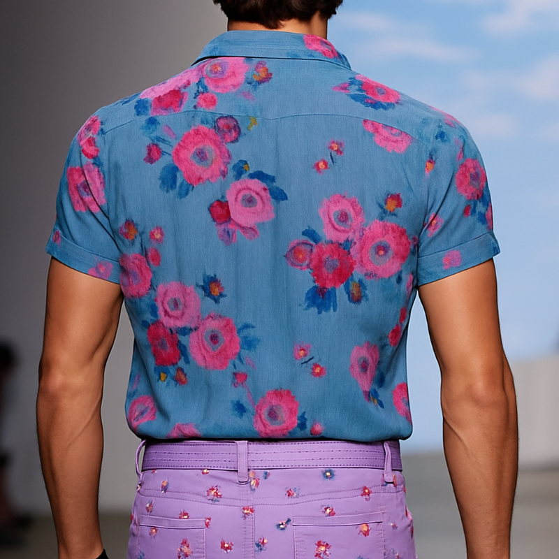 Męska koszula z krótkim rękawem i siateczką w stylu retro, z nadrukiem w kwiaty, z klapami