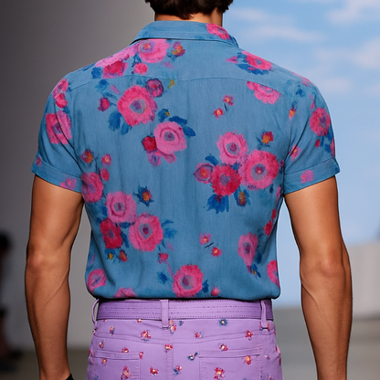 Męska koszula z krótkim rękawem i siateczką w stylu retro, z nadrukiem w kwiaty, z klapami