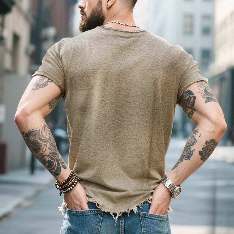 Męska koszulka polo w stylu retro, casualowa, z krótkim rękawem i surowym wykończeniem, z okrągłym dekoltem i rozdarciami