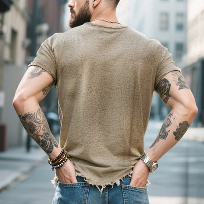 Męska koszulka polo w stylu retro, casualowa, z krótkim rękawem i surowym wykończeniem, z okrągłym dekoltem i rozdarciami