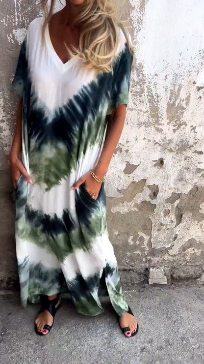 Długa, wygodna sukienka z dekoltem w serek tie-dye