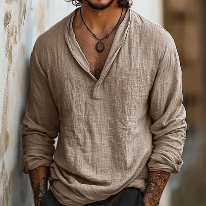 Męska, casualowa koszula z długim rękawem i bawełny i lnu w stylu retro