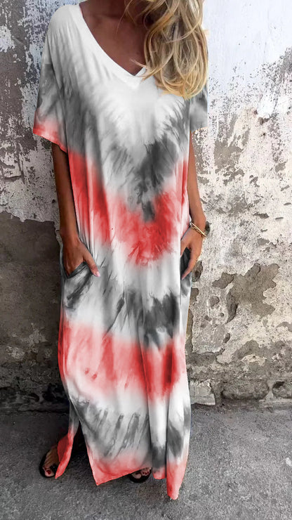 Długa, wygodna sukienka z dekoltem w serek tie-dye
