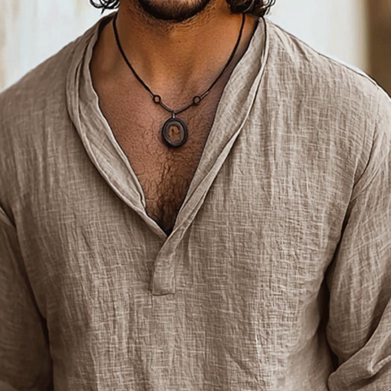 Męska, casualowa koszula z długim rękawem i bawełny i lnu w stylu retro