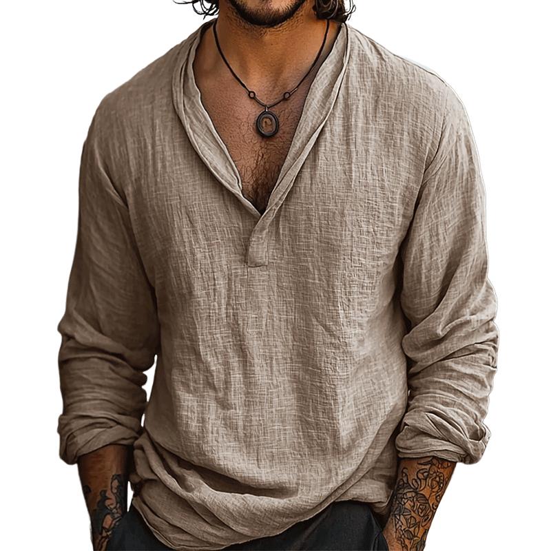 Męska, casualowa koszula z długim rękawem i bawełny i lnu w stylu retro