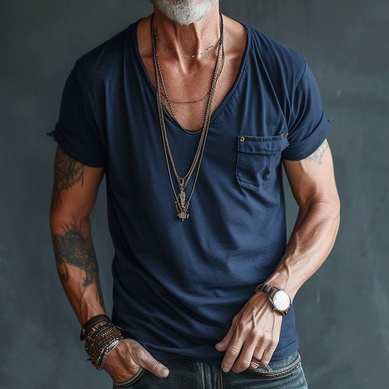 Męska koszulka cargo z krótkim rękawem i dekoltem w serek, kieszenią na piersi