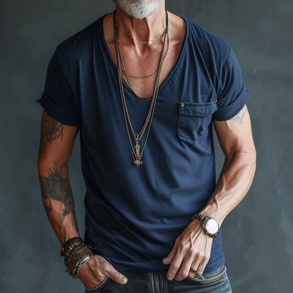 Męska koszulka cargo z krótkim rękawem i dekoltem w serek, kieszenią na piersi