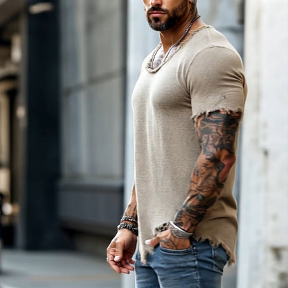 Męska koszulka polo w stylu retro, casualowa, z krótkim rękawem i surowym wykończeniem, z okrągłym dekoltem i rozdarciami